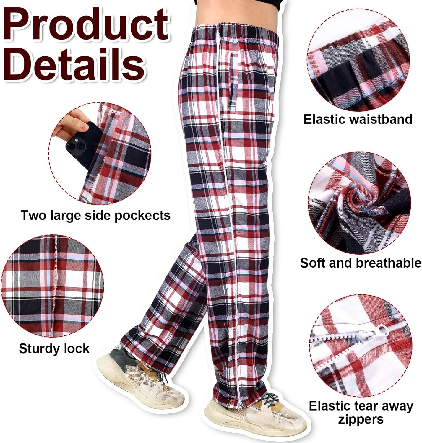 2 Pcs Post Surgery Tearaway Pants for Men Women Unisex 2 Side Zippers off Full Open Lightweight Sweatpants