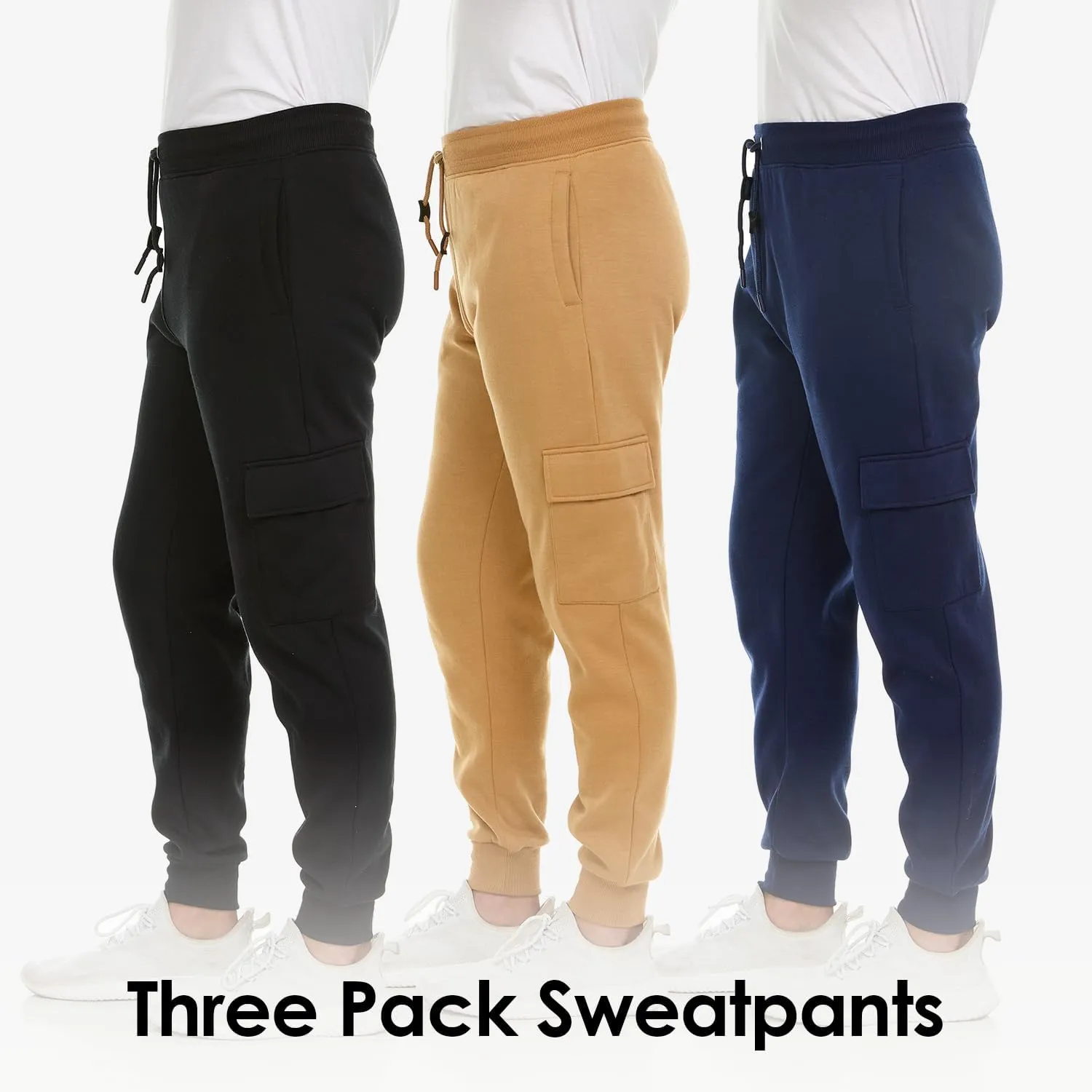 3 Pack: Men's Fleece Cargo Jogger Active Athletic Sweatpants with Pockets