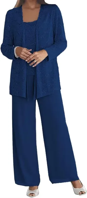3 Pieces Mother of The Bride Pant Suits for Wedding Chiffon Sequin Pants Suits for Women Dressy with Jacket