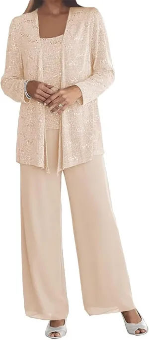 3 Pieces Mother of The Bride Pant Suits for Wedding Chiffon Sequin Pants Suits for Women Dressy with Jacket