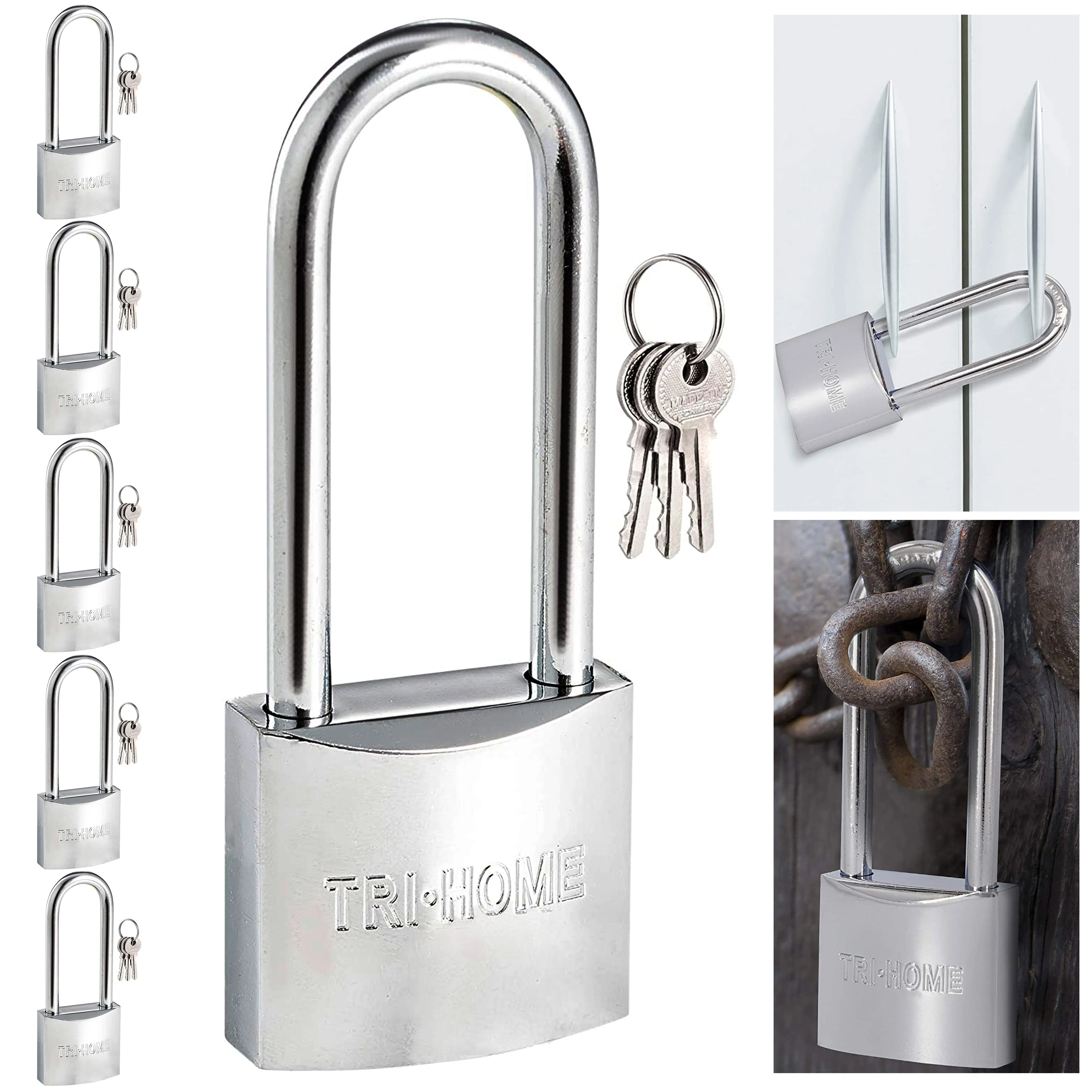 6 Pk Chrome Long Shackle Padlocks 1.5" Brass Locks Keyed 3 Keys 40mm Heavy Duty