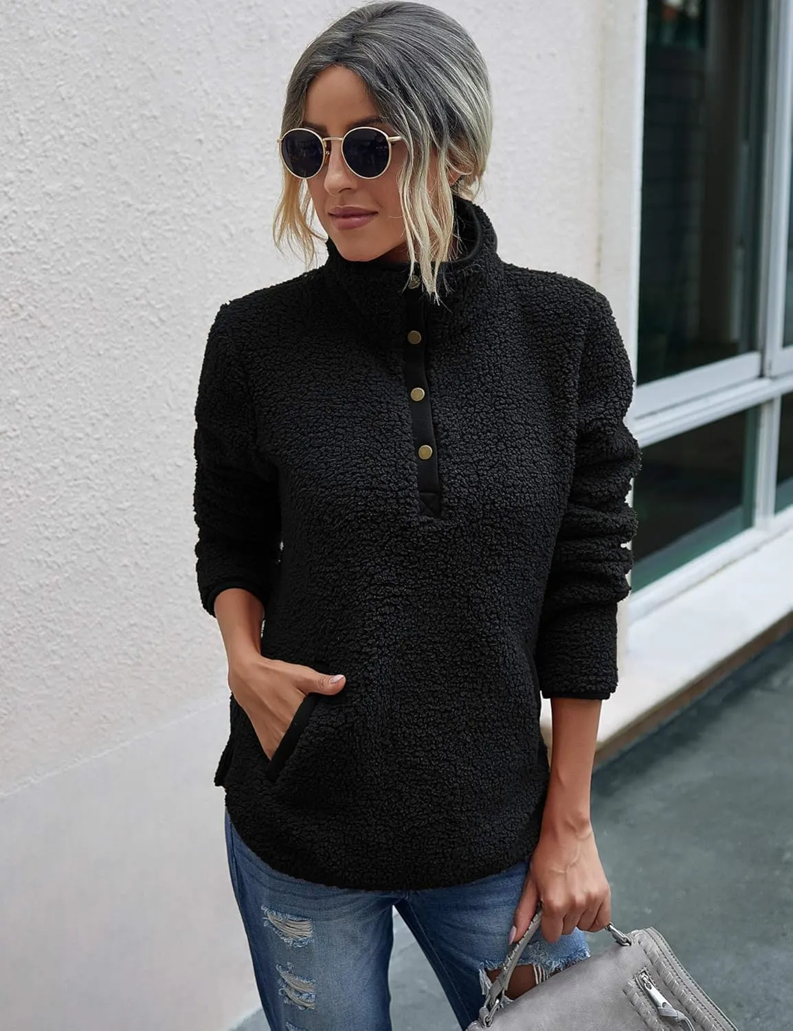 AKEWEI Women Faux Fleece Sweatshirt Fuzzy Button Pullover Coat with Pocket