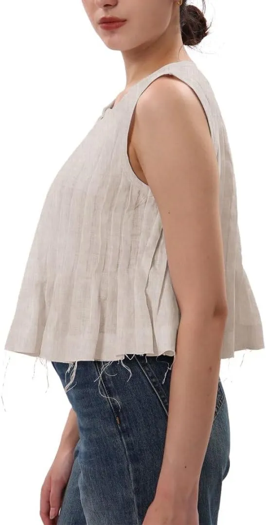 Amazhiyu Women's 100% Linen Summer Pleated Tank Tops Henley Sleeveless Blouse