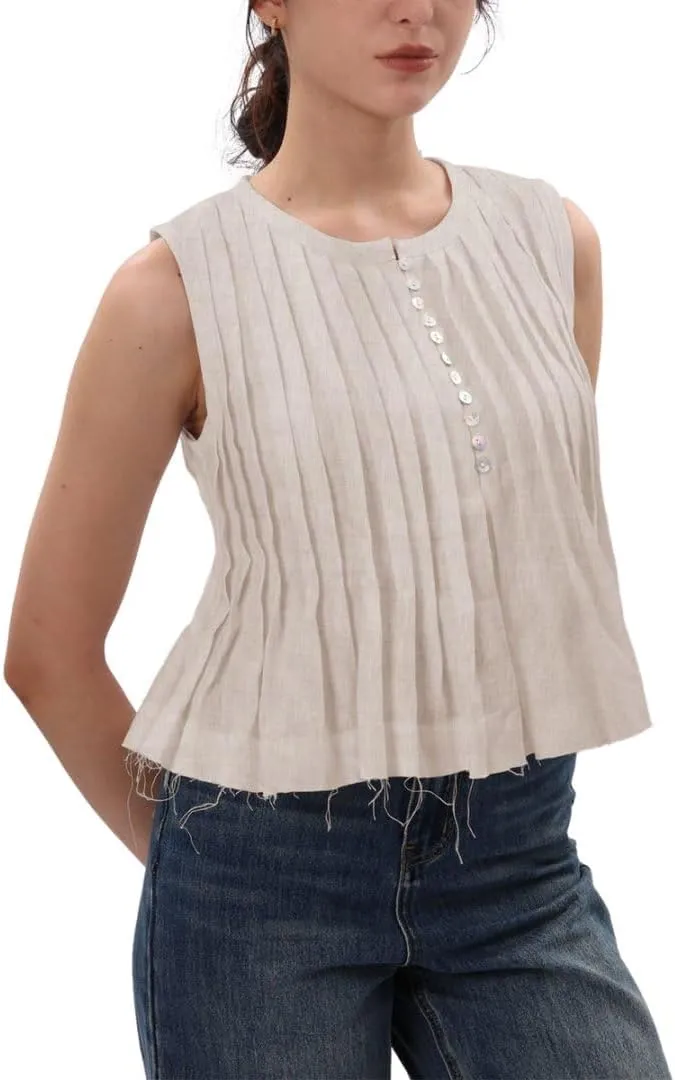 Amazhiyu Women's 100% Linen Summer Pleated Tank Tops Henley Sleeveless Blouse