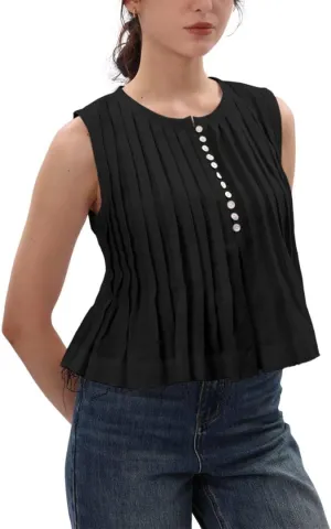 Amazhiyu Women's 100% Linen Summer Pleated Tank Tops Henley Sleeveless Blouse