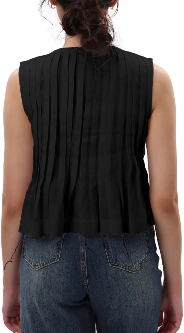 Amazhiyu Women's 100% Linen Summer Pleated Tank Tops Henley Sleeveless Blouse