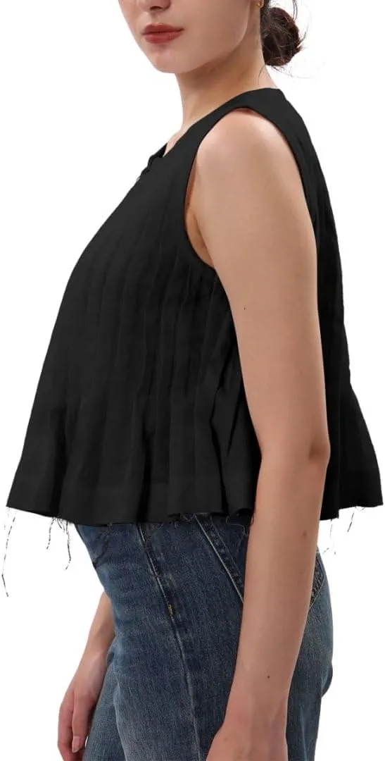 Amazhiyu Women's 100% Linen Summer Pleated Tank Tops Henley Sleeveless Blouse