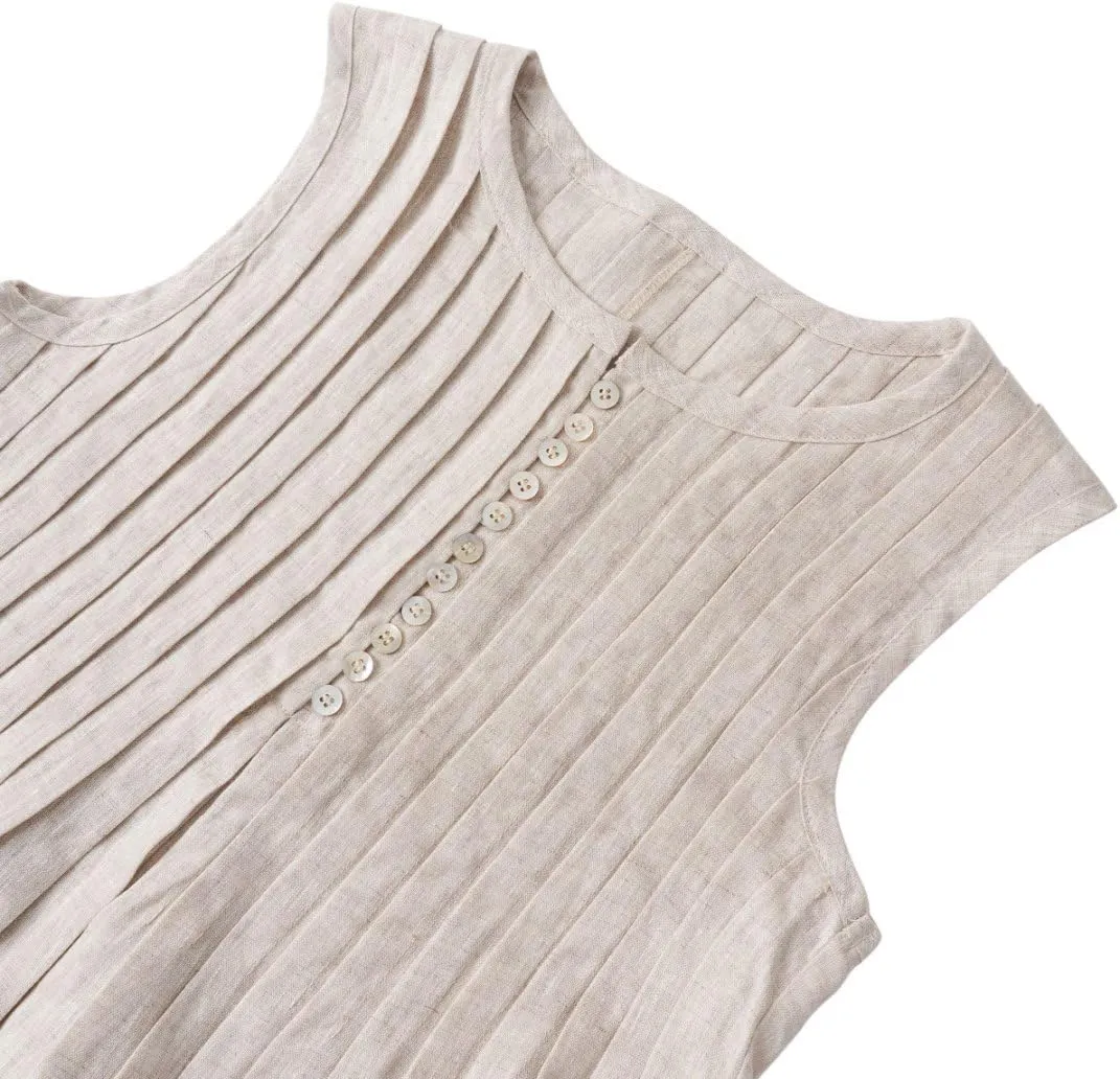 Amazhiyu Women's 100% Linen Summer Pleated Tank Tops Henley Sleeveless Blouse