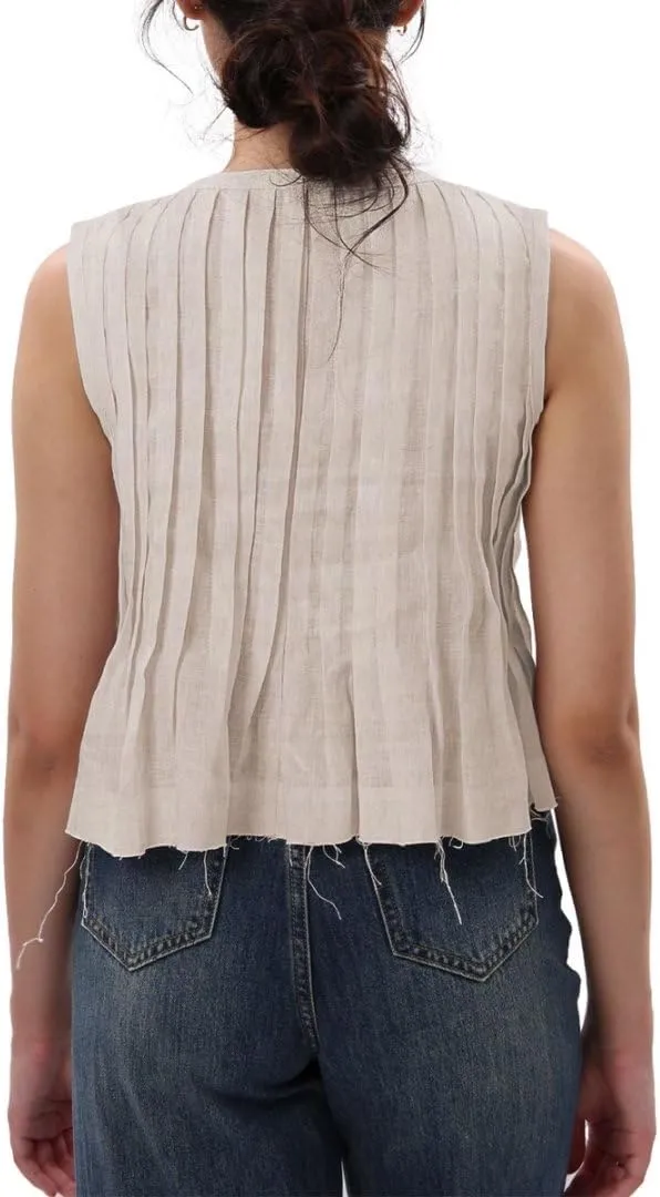 Amazhiyu Women's 100% Linen Summer Pleated Tank Tops Henley Sleeveless Blouse