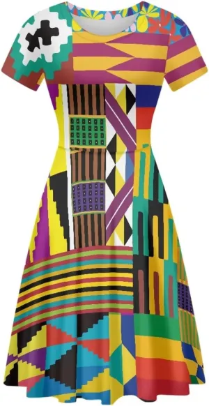 AmzPrint Kente African Ethnic Tribal Print Short Dress for Women Plus Size Colorful Bright Triangle Geometric Dress