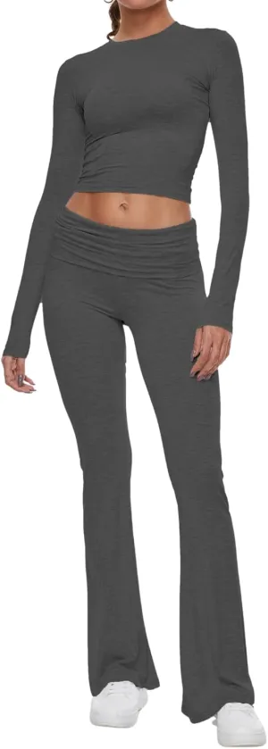 AnotherChill Women's 2 Piece Lounge Sets Fold-over Flare Pants Set Long Sleeve Cropped Top Casual Outfits Pajamas