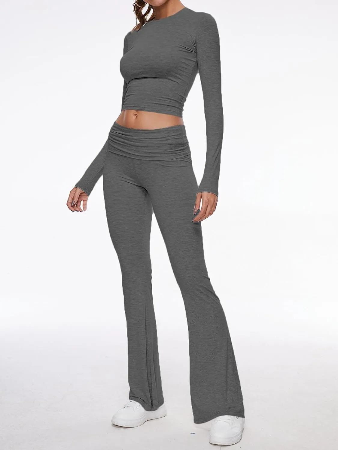 AnotherChill Women's 2 Piece Lounge Sets Fold-over Flare Pants Set Long Sleeve Cropped Top Casual Outfits Pajamas