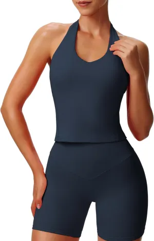 Aoxjox Women's Sleeveless Neck Tank Tops Workout Athletics Gym Yoga Curve Longline Hailey Halter Crop Top