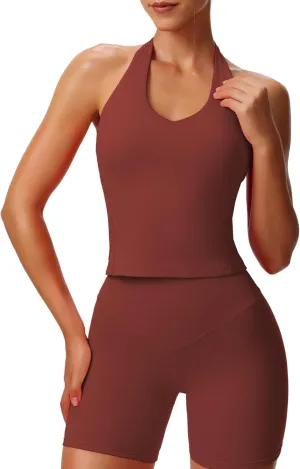 Aoxjox Women's Sleeveless Neck Tank Tops Workout Athletics Gym Yoga Curve Longline Hailey Halter Crop Top