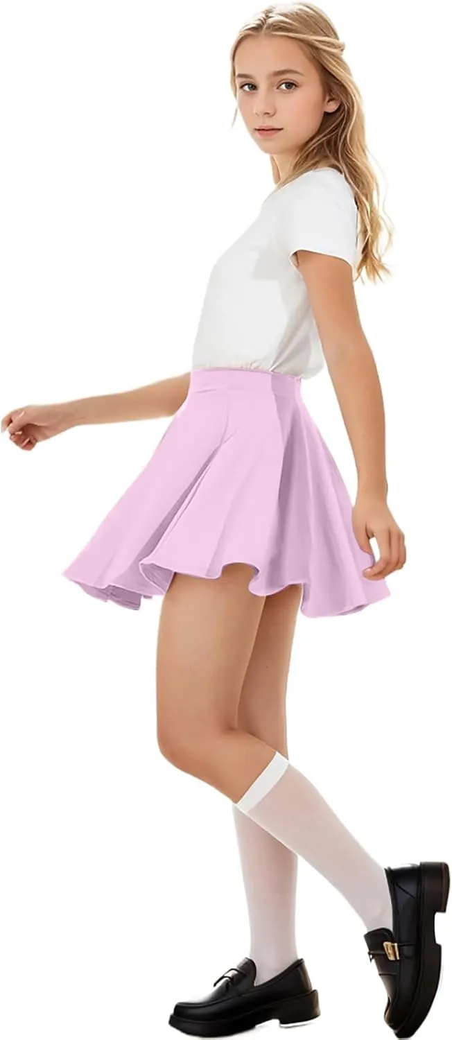 ASHER FASHION Girls Skirt Casual Mini Flare Plain Pleated Stretch Waist Skater Skirts