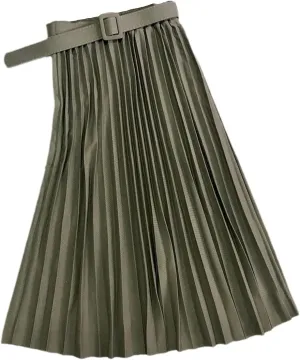 Autumn Winter Women Pleated Skirt Casual Solid All-Match A Line High Waist Midi Long Skirt Female with Belt