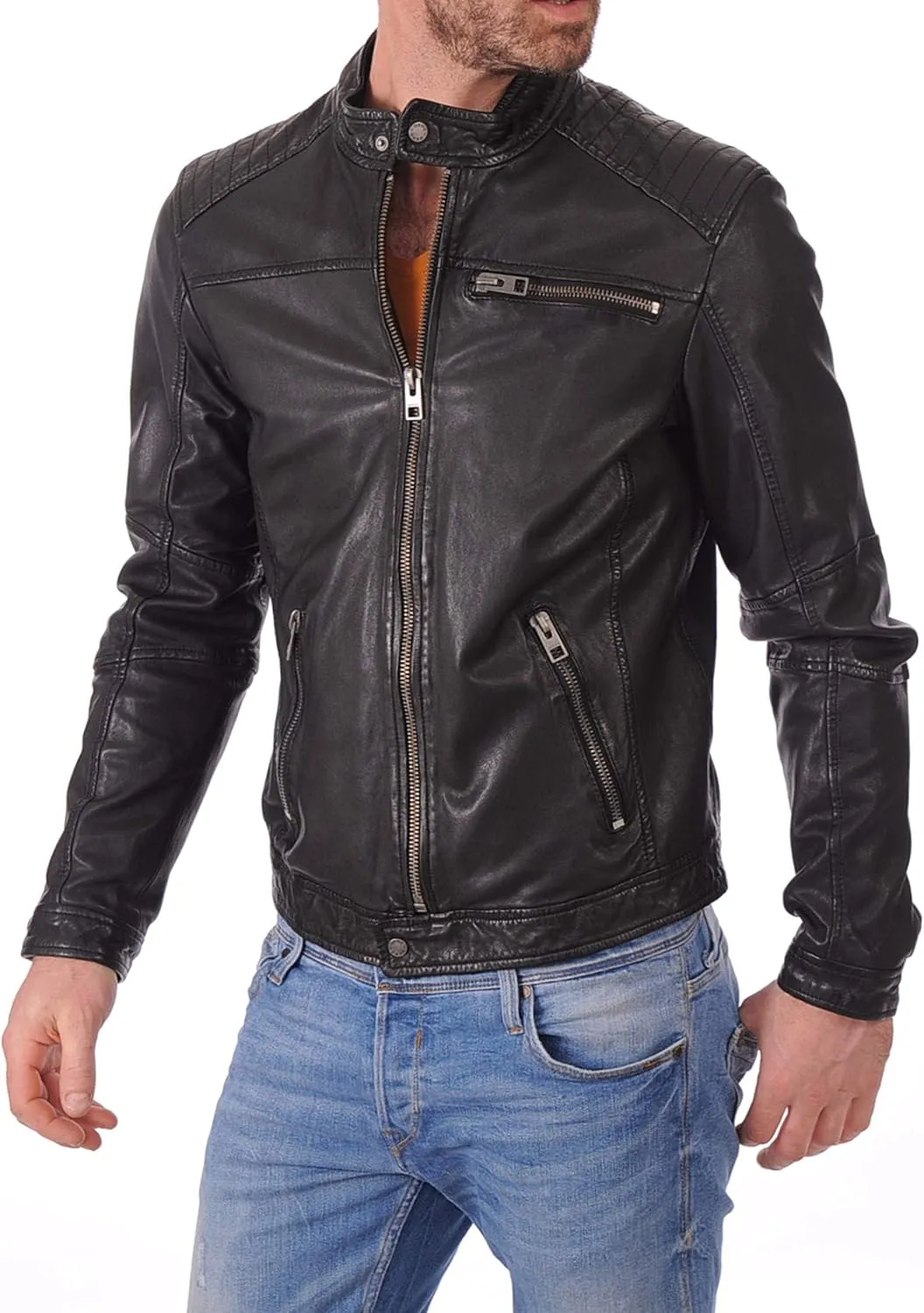 Azrah 100% Leather Jacket for Men - Round Collar Slim Fit - Moto, Bomber, Biker Winter Wear