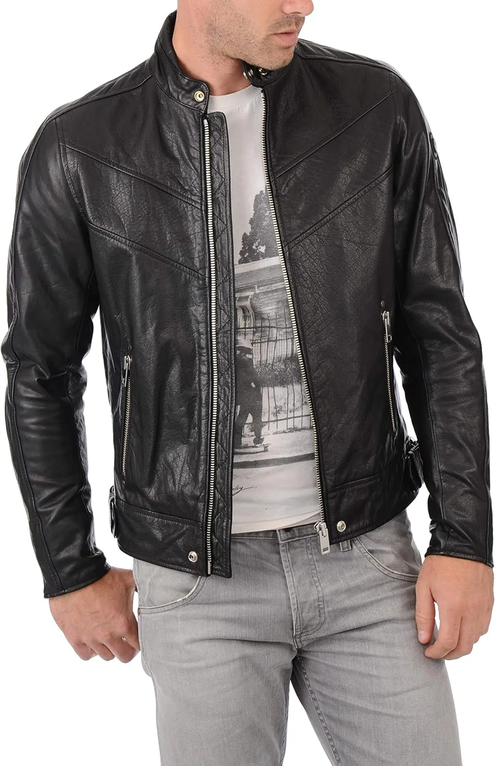 Azrah 100% Leather Jacket for Men - Round Collar Slim Fit - Moto, Bomber, Biker Winter Wear