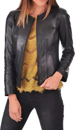 Azrah 100% Leather Jacket for Women - Collarless Deep Neck & Slim Fit - Moto, Bomber, Biker Winter Casual Wear