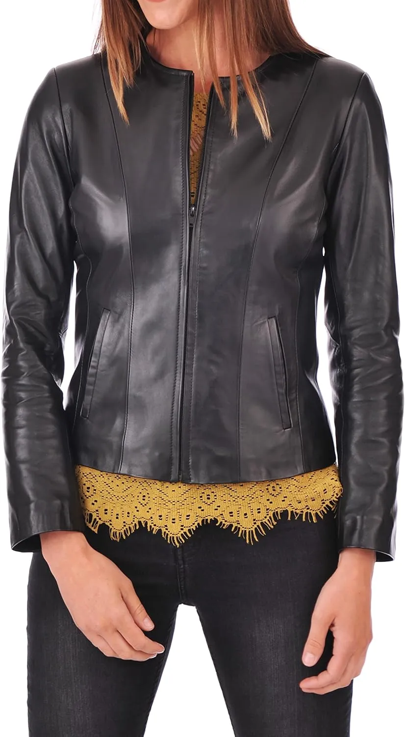 Azrah 100% Leather Jacket for Women - Collarless Deep Neck & Slim Fit - Moto, Bomber, Biker Winter Casual Wear