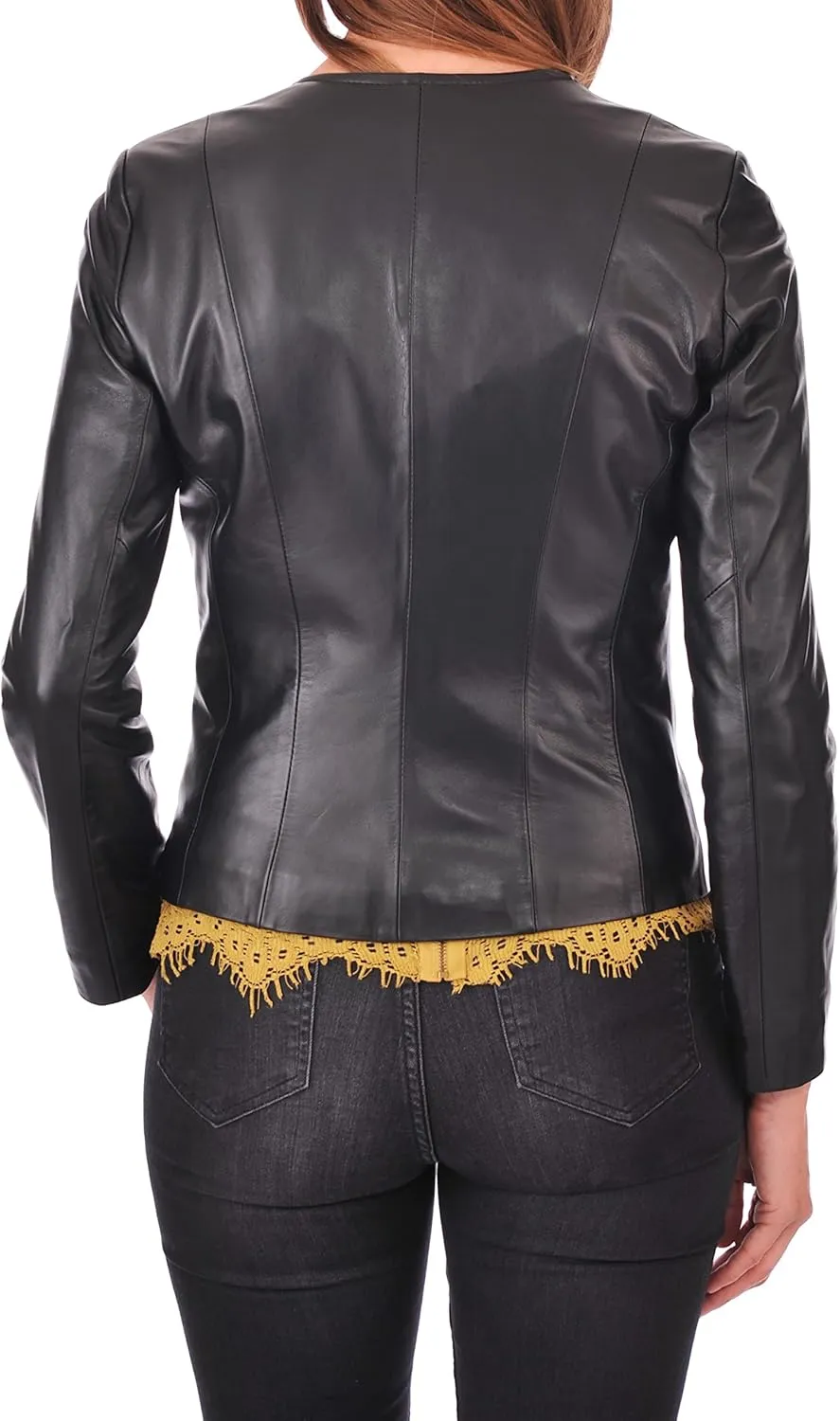 Azrah 100% Leather Jacket for Women - Collarless Deep Neck & Slim Fit - Moto, Bomber, Biker Winter Casual Wear