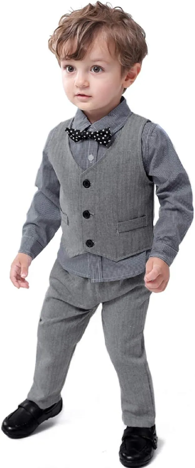 Baby Boy Gentleman Set with Dress Shirt Bow Tie Vest and Pants 3PC Set