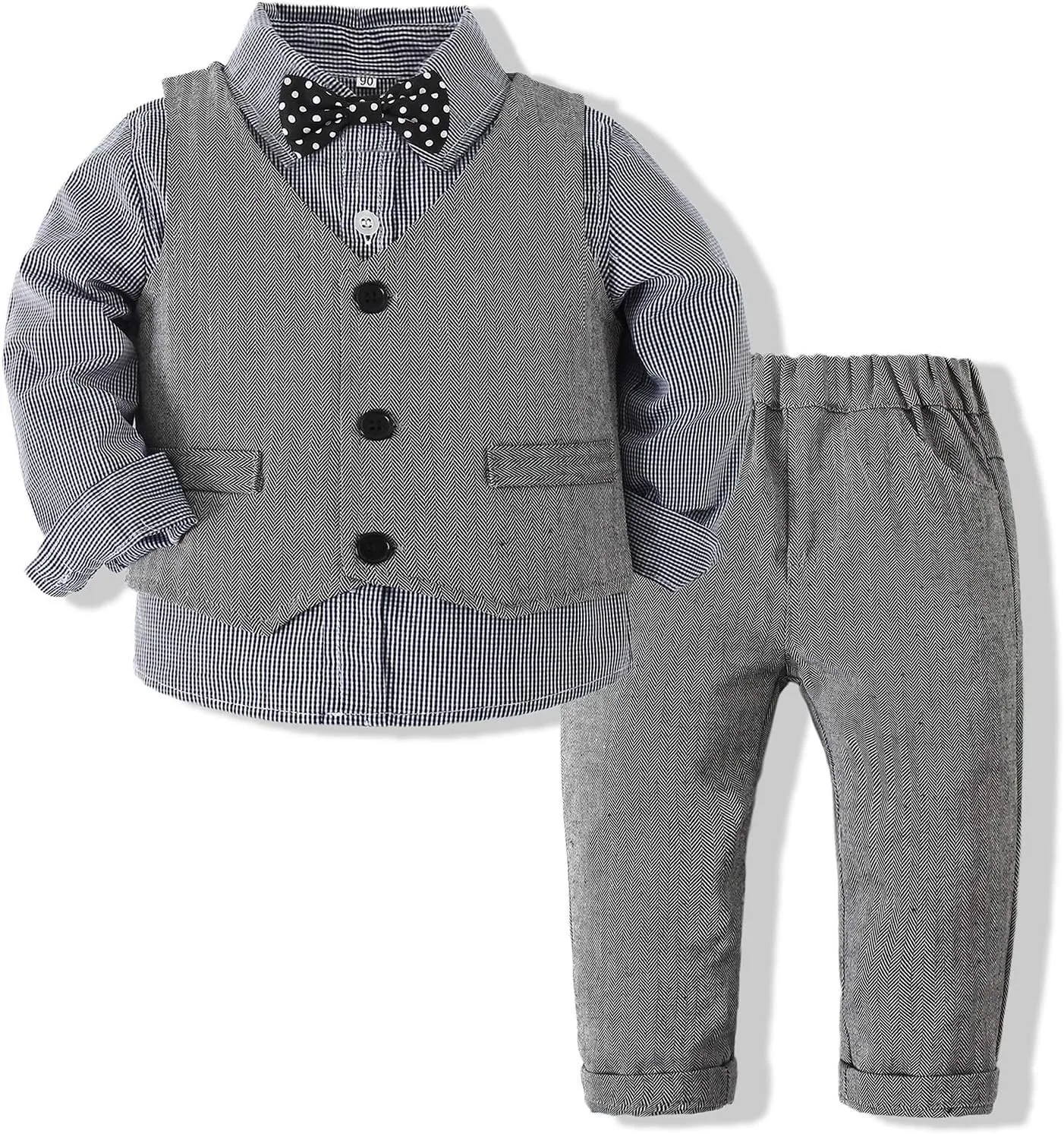 Baby Boy Gentleman Set with Dress Shirt Bow Tie Vest and Pants 3PC Set