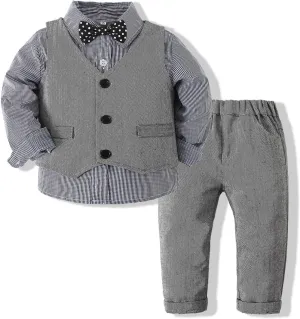 Baby Boy Gentleman Set with Dress Shirt Bow Tie Vest and Pants 3PC Set