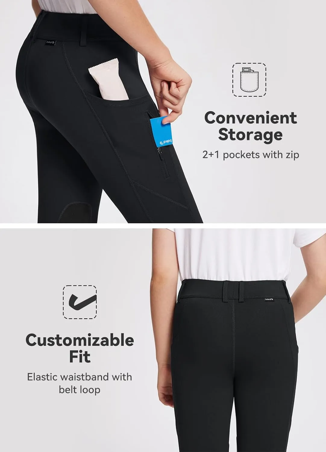 baleaf Girls Riding Pants Kids Equestrian Breeches Knee-Patch Zip Pocket Horseback Tights