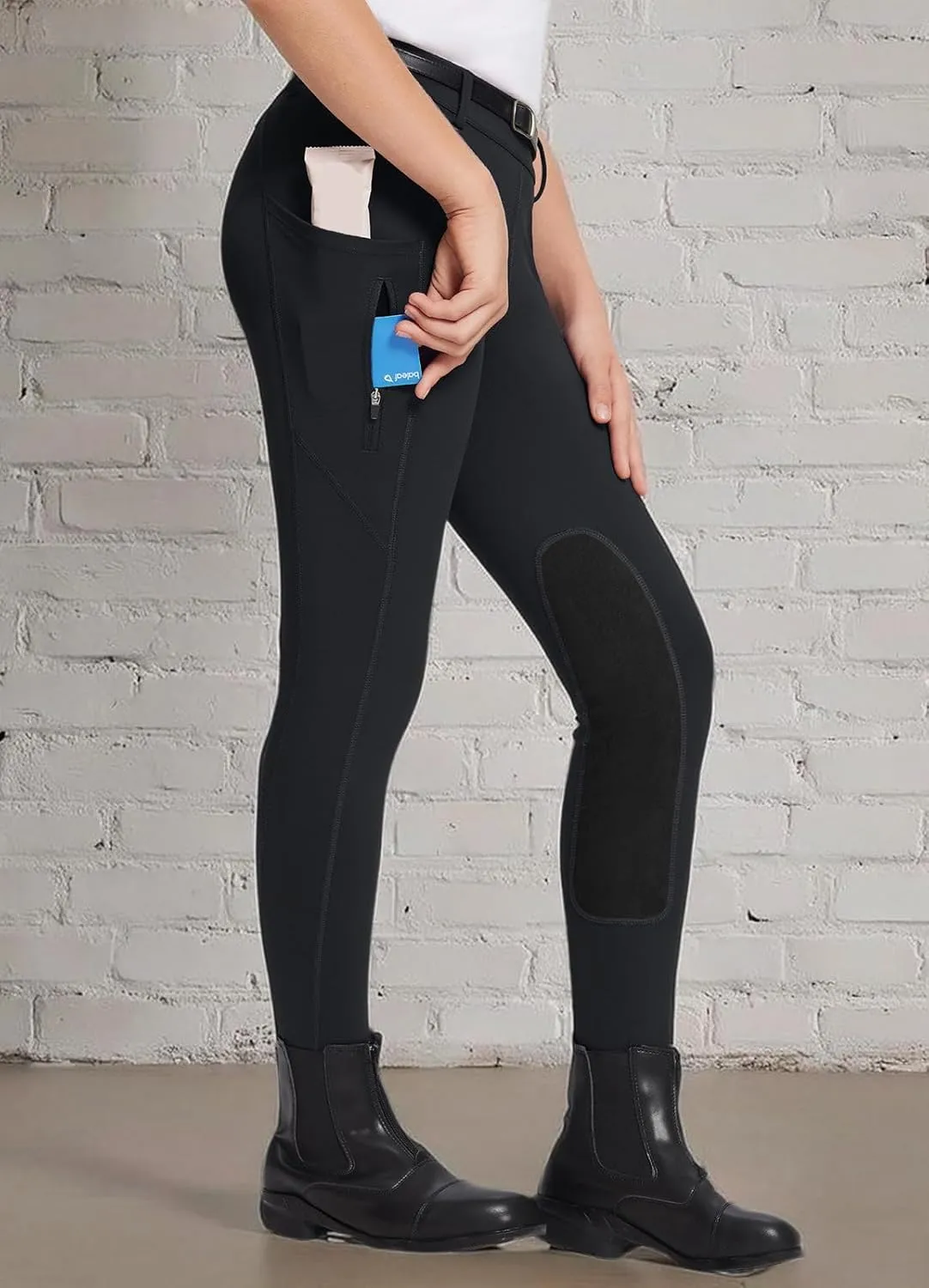 baleaf Girls Riding Pants Kids Equestrian Breeches Knee-Patch Zip Pocket Horseback Tights