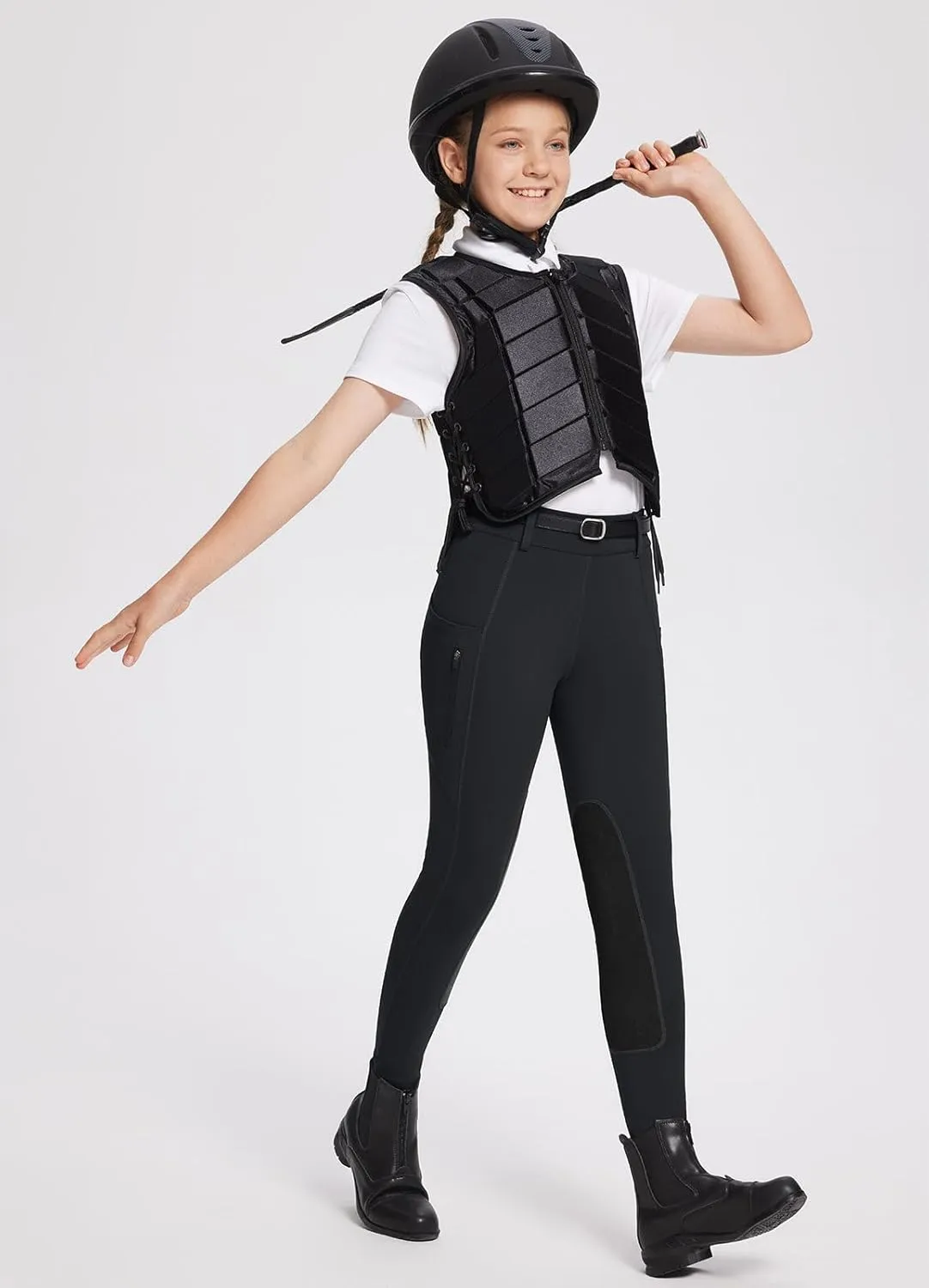 baleaf Girls Riding Pants Kids Equestrian Breeches Knee-Patch Zip Pocket Horseback Tights