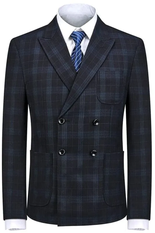 Black Double Breasted Plaid Business Suits For Men Custom Wedding Suits