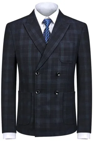 Black Double Breasted Plaid Business Suits For Men Custom Wedding Suits