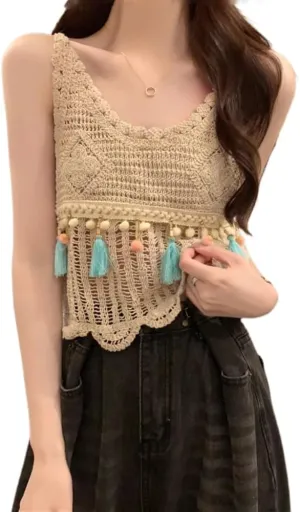 Bohemian Retro Tassel Crochet Knitted Camisole Womens Short Sleeveless top