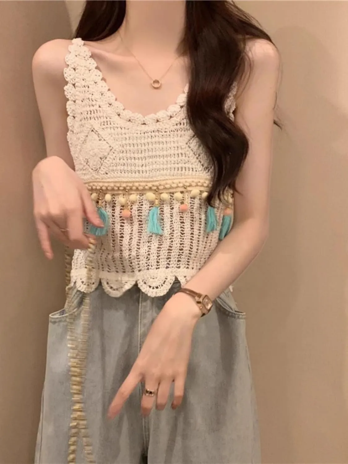 Bohemian Retro Tassel Crochet Knitted Camisole Womens Short Sleeveless top