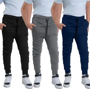 Boys Sweatpants 3Pack - Fleece Joggers, Drawstring & Pockets, Slim Fit - Order 1 Size Up for Relax Fit