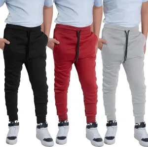 Boys Sweatpants 3Pack - Fleece Joggers, Drawstring & Pockets, Slim Fit - Order 1 Size Up for Relax Fit