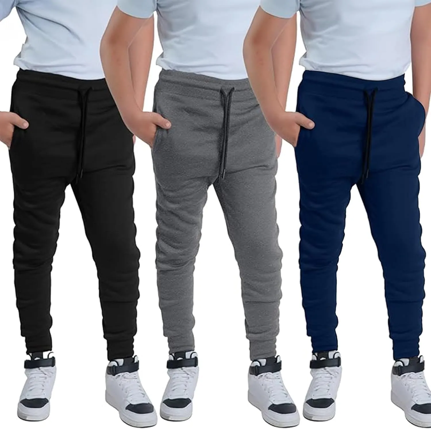 Boys Sweatpants 3Pack - Fleece Joggers, Drawstring & Pockets, Slim Fit - Order 1 Size Up for Relax Fit