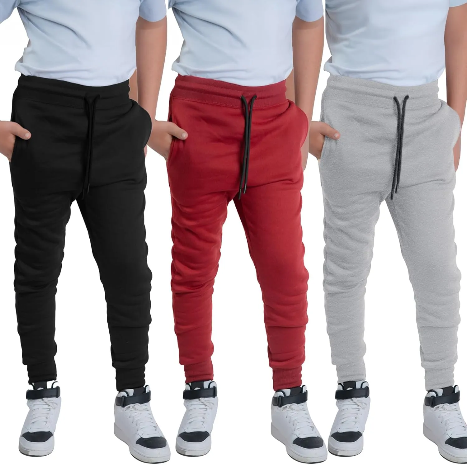 Boys Sweatpants 3Pack - Fleece Joggers, Drawstring & Pockets, Slim Fit - Order 1 Size Up for Relax Fit