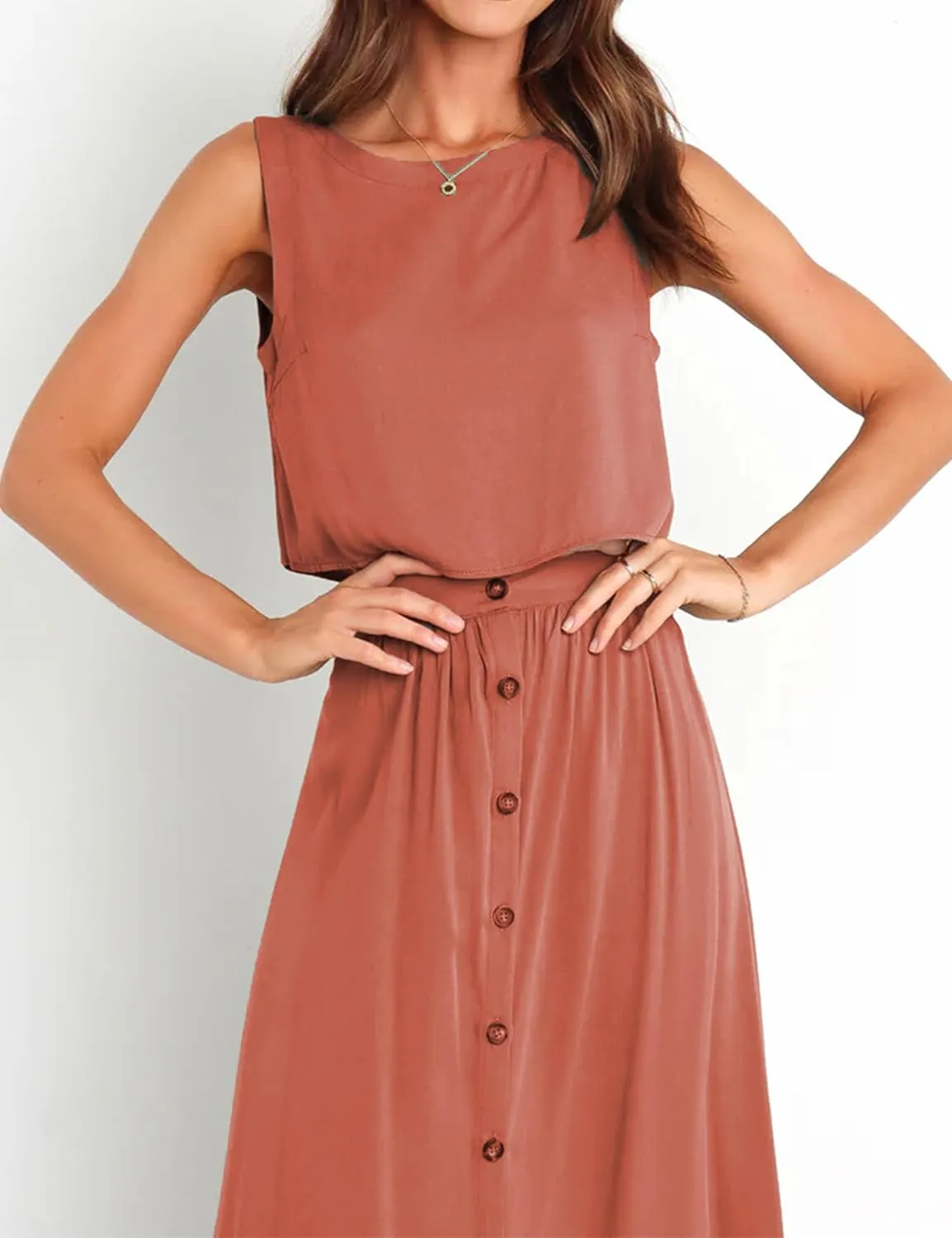 Bozanly Summer Skirt Sets for Women 2 Piece Outfits Sleeveless Crop Top Elastic Waist Button Maxi Dress Set 2025