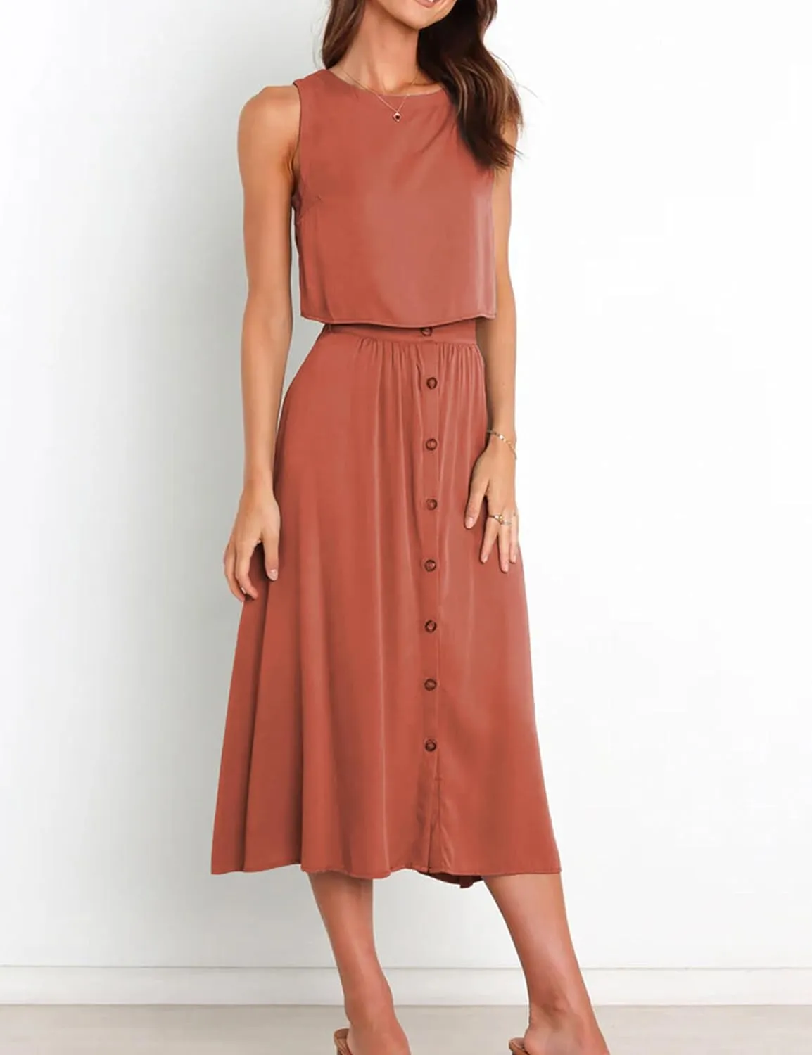 Bozanly Summer Skirt Sets for Women 2 Piece Outfits Sleeveless Crop Top Elastic Waist Button Maxi Dress Set 2025