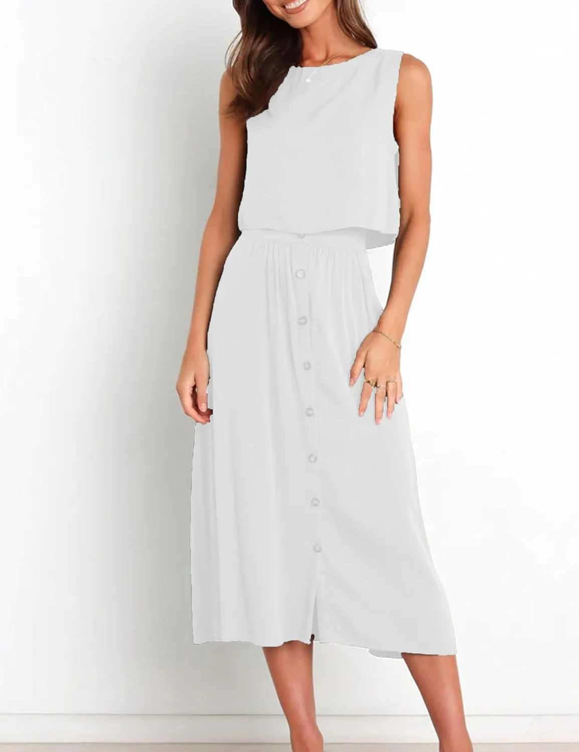 Bozanly Summer Skirt Sets for Women 2 Piece Outfits Sleeveless Crop Top Elastic Waist Button Maxi Dress Set 2025