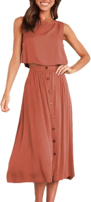 Bozanly Summer Skirt Sets for Women 2 Piece Outfits Sleeveless Crop Top Elastic Waist Button Maxi Dress Set 2025