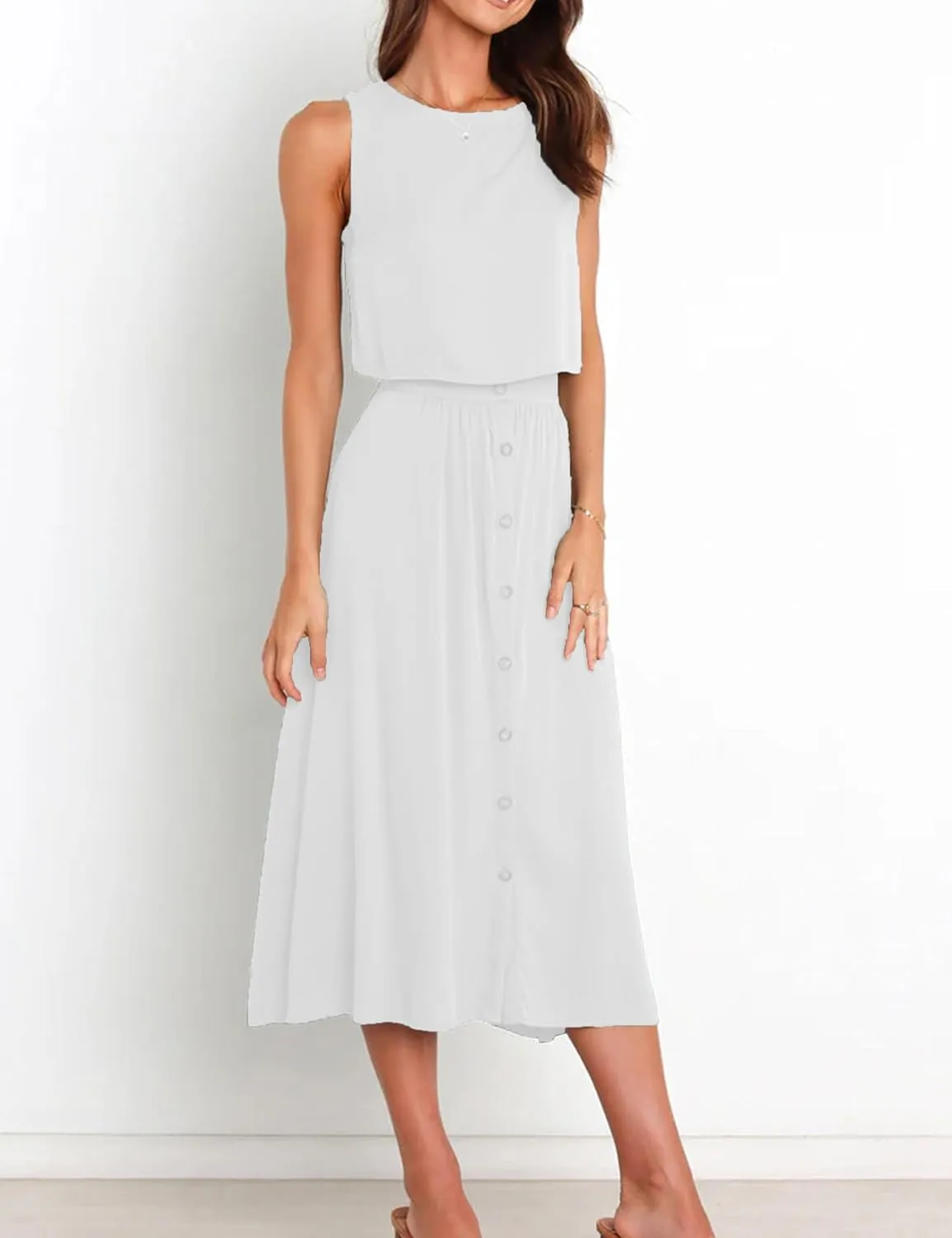 Bozanly Summer Skirt Sets for Women 2 Piece Outfits Sleeveless Crop Top Elastic Waist Button Maxi Dress Set 2025