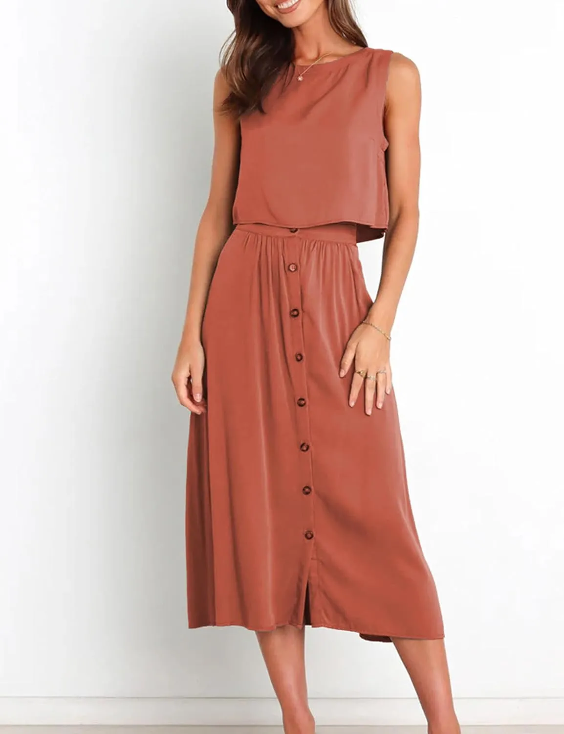 Bozanly Summer Skirt Sets for Women 2 Piece Outfits Sleeveless Crop Top Elastic Waist Button Maxi Dress Set 2025