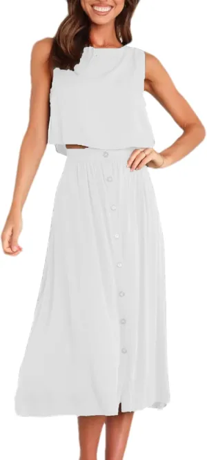 Bozanly Summer Skirt Sets for Women 2 Piece Outfits Sleeveless Crop Top Elastic Waist Button Maxi Dress Set 2025