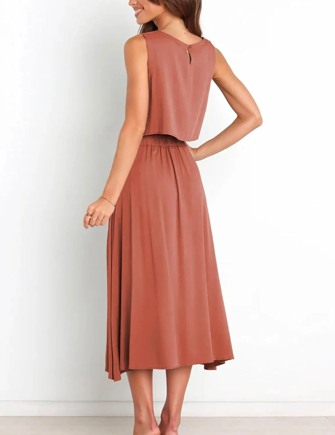 Bozanly Summer Skirt Sets for Women 2 Piece Outfits Sleeveless Crop Top Elastic Waist Button Maxi Dress Set 2025