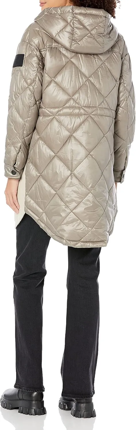 Calvin Klein Women's Petite Hooded Faux Wool Mix Puffer Zip Up Jacket