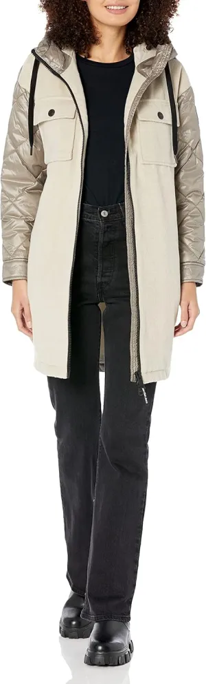 Calvin Klein Women's Petite Hooded Faux Wool Mix Puffer Zip Up Jacket