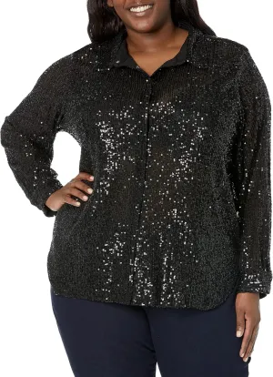 Calvin Klein Women's Plus Size Collar Oversize Formal Sequin Mesh Blouse